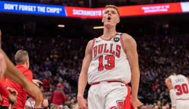 Mar 20, 2025; Sacramento, California, USA; Chicago Bulls guard Kevin Huerter (13) reacts after making a three-point shot during the fourth quarter of the game against the Sacramento Kings at Golden 1 Center. Mandatory Credit: Ed Szczepanski-Imagn Images