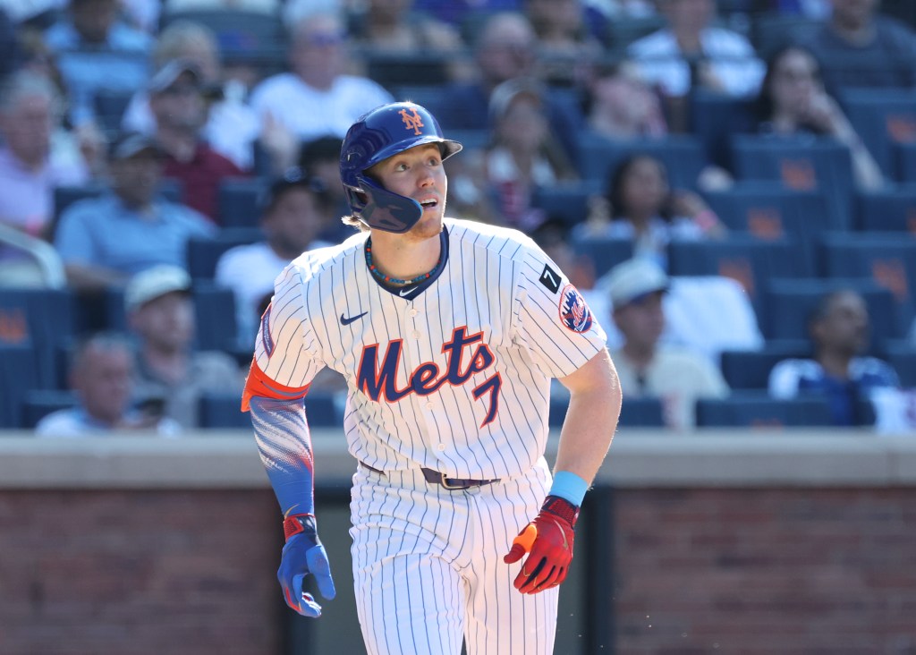 Brett Baty hits a home run during the Mets-Yankees game on July 4, 2025. 