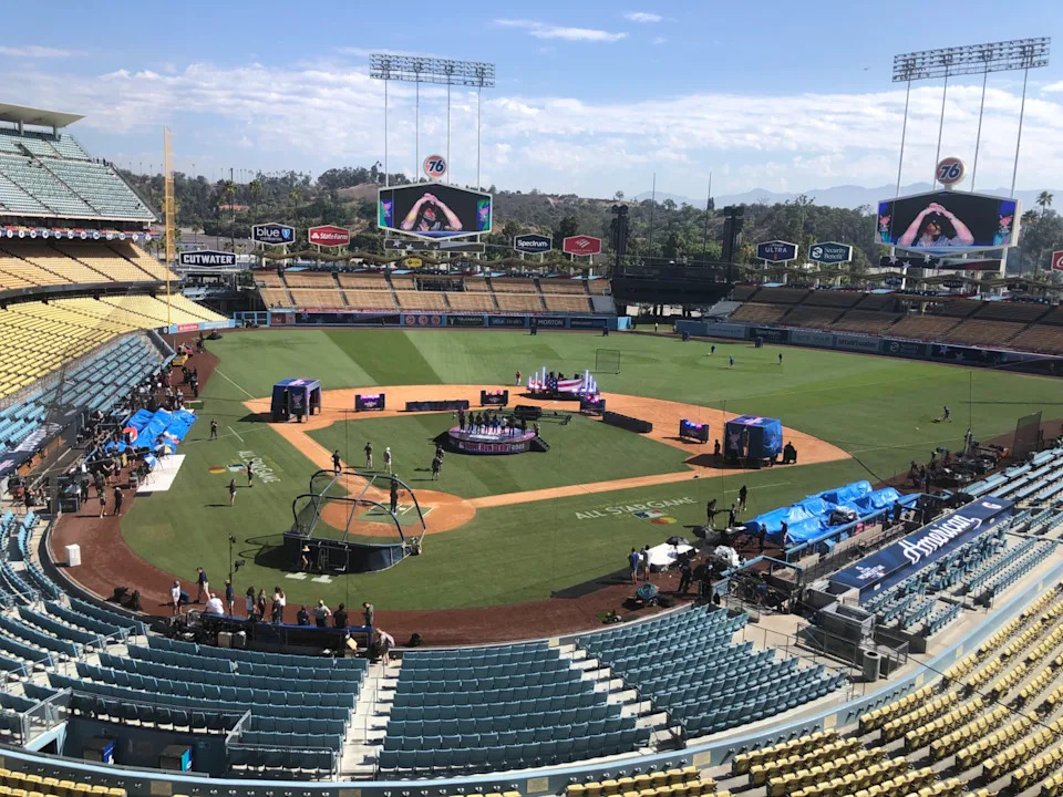 Overhead view of Dodger Stadium during rehearsals for the MLB Home Run Derby on July 18, 2022.