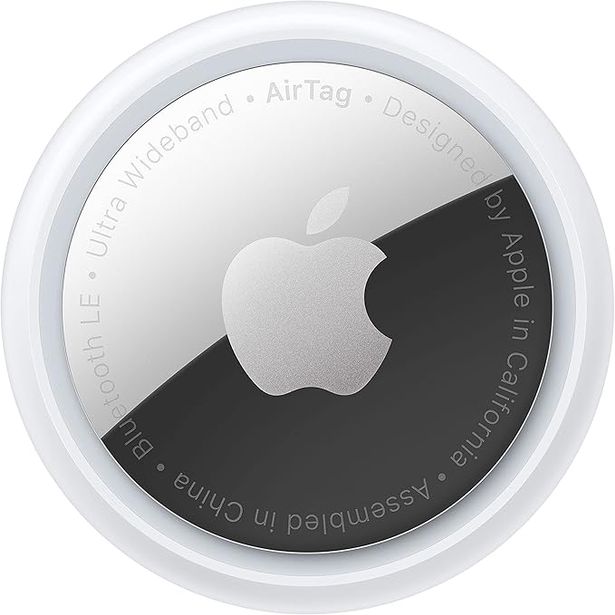 Apple AirTag pictured against white background