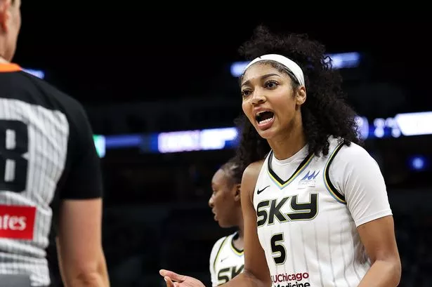 Angel Reese #5 of the Chicago Sky reacts towards referee Clare Aubry #28 during the fourth quarter against the Minnesota Lynx at Target Center on July 6, 2025 in Minneapolis, Minnesota