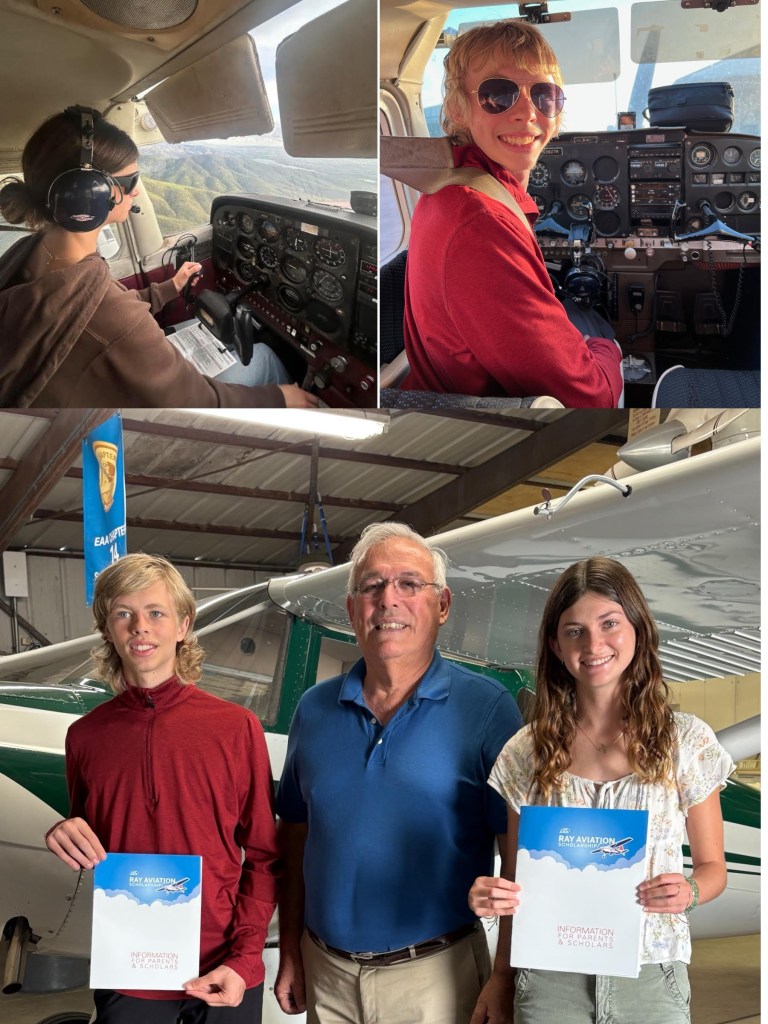Mission Bay junior Kiley Everett (top left) and Mission Bay senior Aidan Kulij (top right) during one of their recent instructional training flights out of the Brown Field Municipal Airport as part of the Young Eagles Program. Bottom, from left, Kulij, Trinidad Lopez, president of the local EAA Chapter 14, and Everett at the February awards presentation of their $12,000 Ray Aviation Foundation Scholarship. (Photo by Nancy Kulij/Special to Beach & Bay Press)