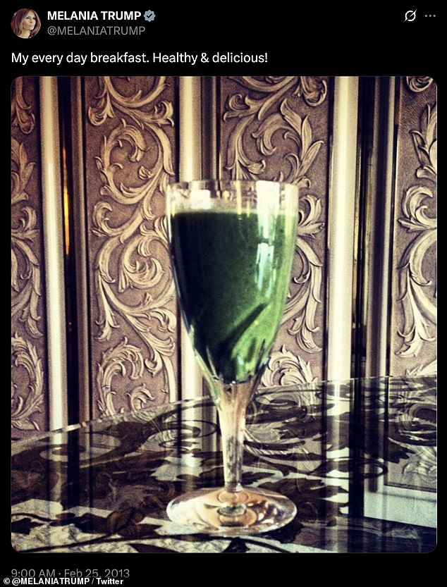 Melania starts her day with a healthy fruit and vegetable smoothie made of ingredients like spinach, carrots, blueberries, apples, and fat-free yogurt
