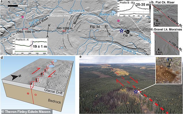 (a) A map shows the fault slicing through super old (2.6 million years) Flat Creek Beds (b, c) Models say the fault pushed the Flat Creek edge 4101 feet right and Gravel Lake hills (d) A 3D model shows bumpy, stepped-up land along the fault. (e) A drone pic looking northwest shows the fault path hidden by thick forest. A small photo from a dig spot (blue star) shows round gravel and red-brown dirt from the old ¿Wounded Moose¿ soil at a bump¿s top.