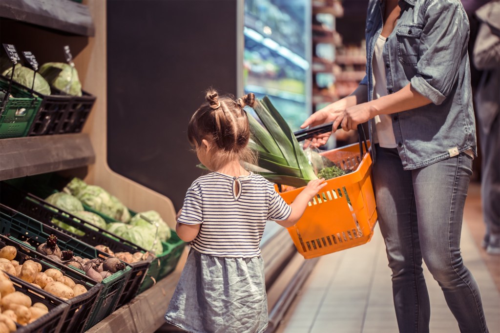 A mother and daughter grocery shopping.