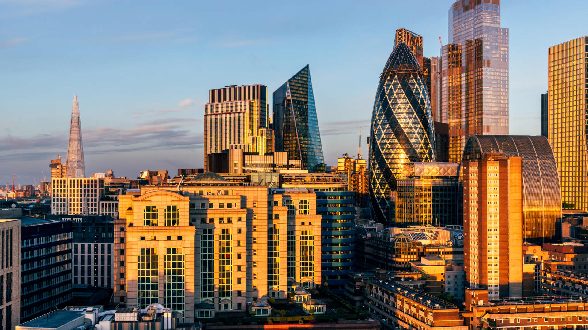 The City of London financial district at sunrise.
