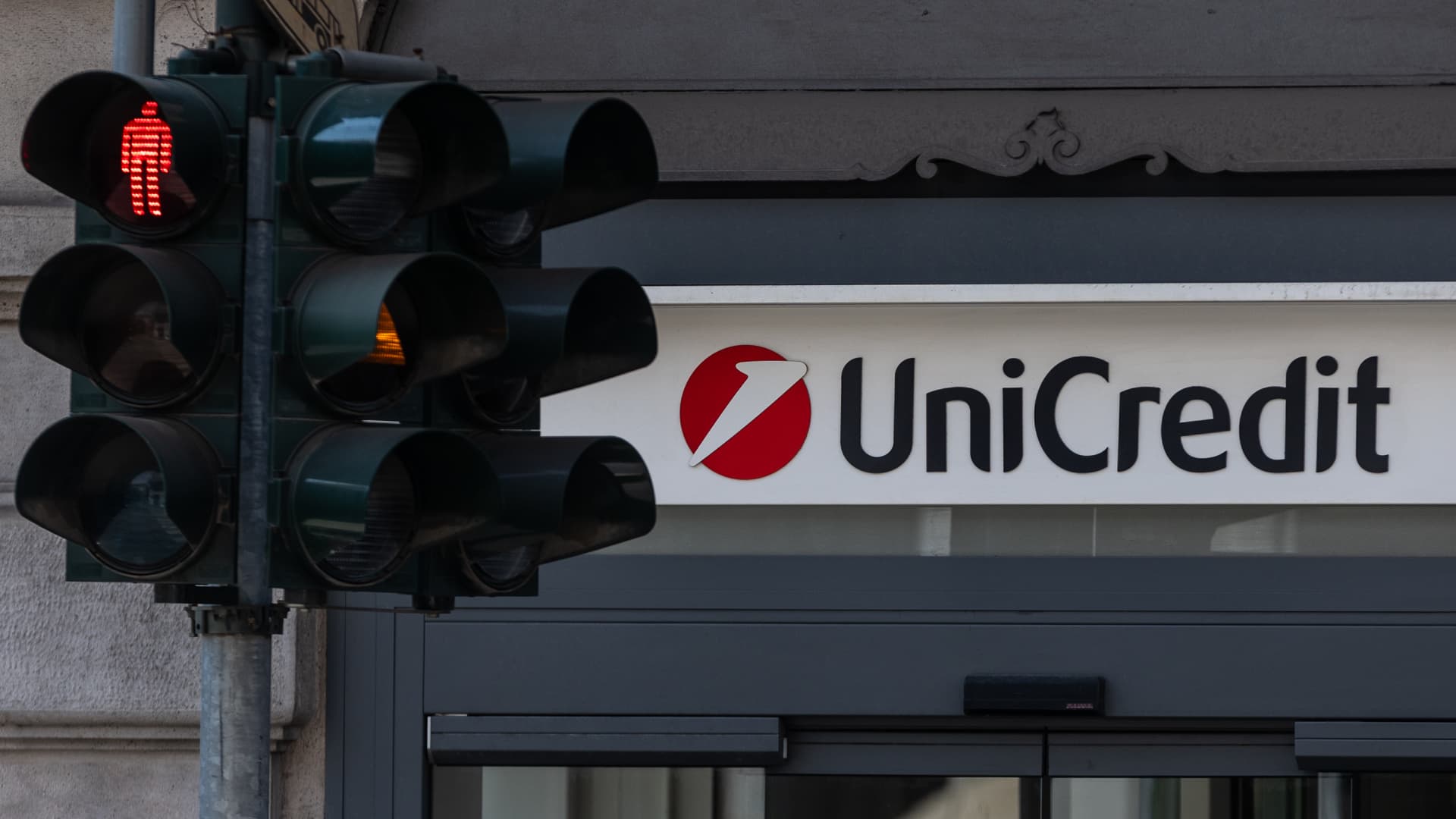 The logo of the Italian banking group UniCredit SpA is pictured on July 15, 2025 in Milan, Italy.