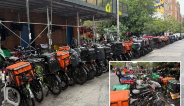 NYC block taken over by migrant workers for delivery bike parking as guard keeps overnight watch