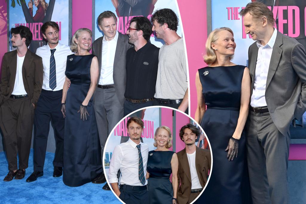 Pamela Anderson, Liam Neeson bring their sons to 'The Naked Gun' premiere