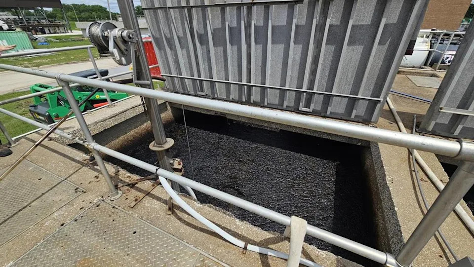 Crude oil floats on top of the water in a fats, oils and greases tank at the Village Creek Wastewater Treatment Plant on May 8, 2025.
