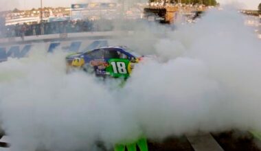 Then one-time NASCAR Cup Series champion Kyle Busch does a burnout to celebrate winning the NASCAR Cup Series playoff race at New Hampshire Motor Speedway on Sept. 24, 2017.