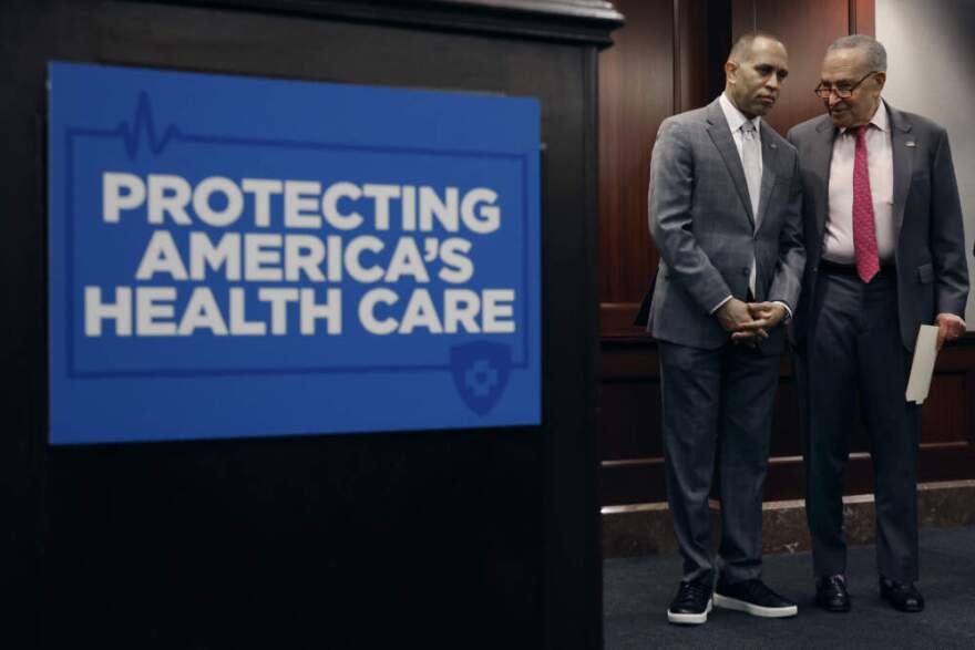 Senate Majority Leader Charles Schumer (D-NY) (R) talks with House Minority Leader Hakeem Jeffries (D-NY) while attend an event to mark the 14 anniversary of the passage of the Affordable Care Act at the U.S. Capitol on March 21, 2024 in Washington, DC. (Chip Somodevilla/Getty Images)