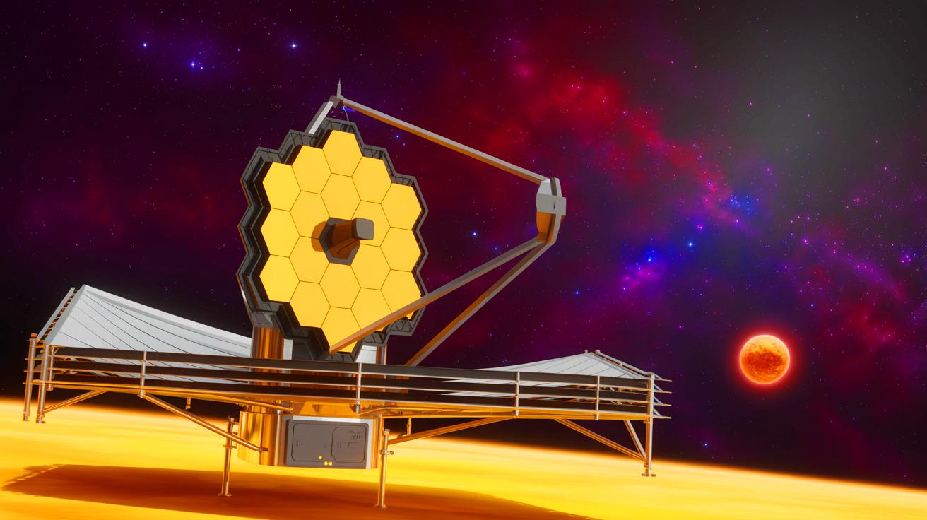 Illustration of the James Webb Space Telescope capturing an image of exoplanet 14 Herculis c. Image generated by AI.
