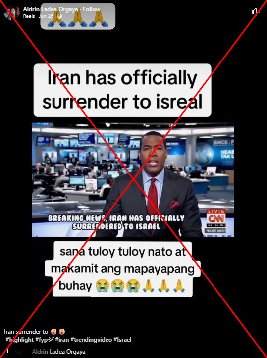 Screenshot of the false Facebook post taken on July 3, 2025, with the red X mark added by AFP