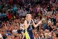 Dallas Wings guard Paige Bueckers (5) reacts during the second half of an WNBA basketball...
