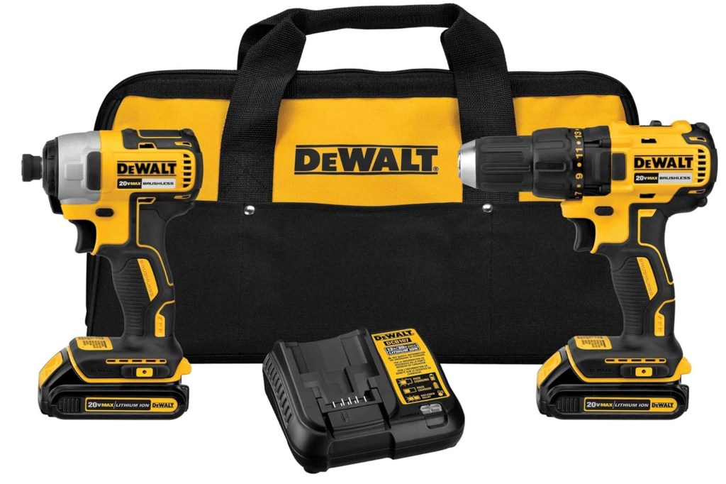 Yellow and black Dewalt drill set in a tool bag.