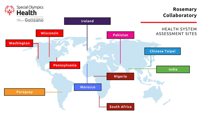 A world map highlights health system assessment sites in Washington, Wisconsin, Pennsylvania, Paraguay, Morocco, Nigeria, South Africa, India, Chinese Taipei, Pakistan, and Ireland.