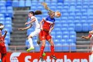 US U17 midfielder Taryn Torres contests a header with Costa Rica's Maria Paula Salas