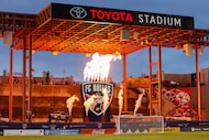 A pregame pyrotechnic show is seen before the first half of an MLS game between the FC...