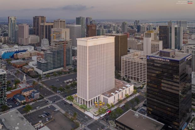 An artistic rendering, by Gensler, of a CoStar image that depicts 101 Ash with a cleaner building facade and plaza area activated by retail. (Kelly Moden/cREate)