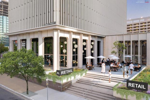 An artistic rendering, by Gensler, of a CoStar image that shows 101 Ash's plaza area activated with retail. (Kelly Moden/cREate)