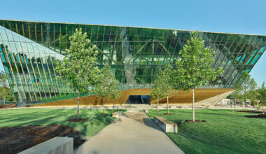 folded glass fronts AWSOM medical school building in arkansas