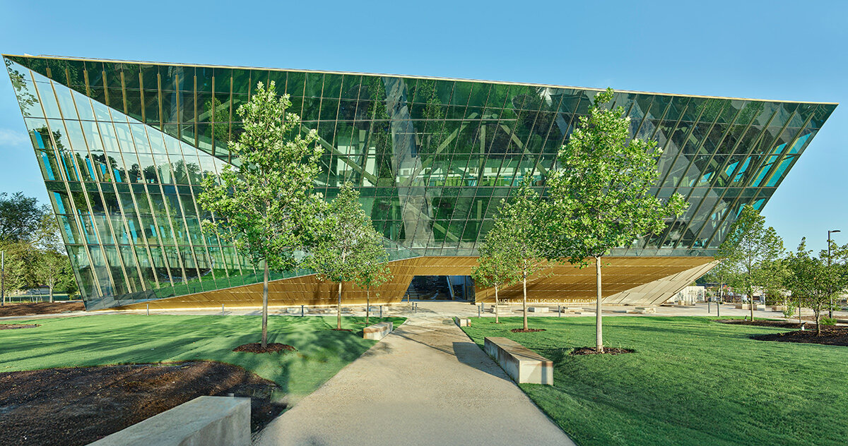 folded glass fronts AWSOM medical school building in arkansas
