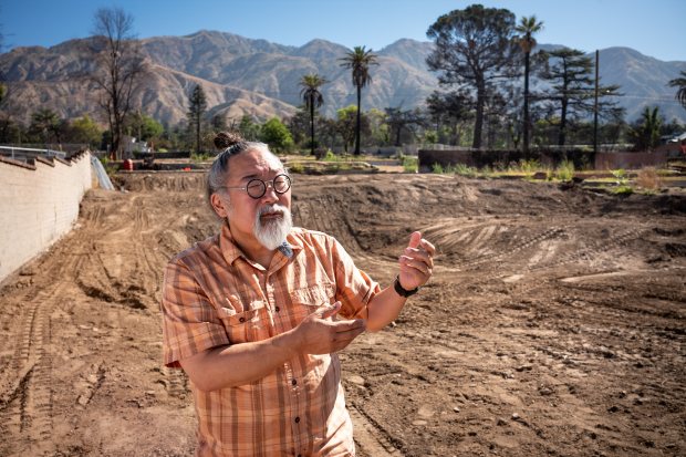 Architect Scott Uriu on his land in Altadena on Wednesday,...