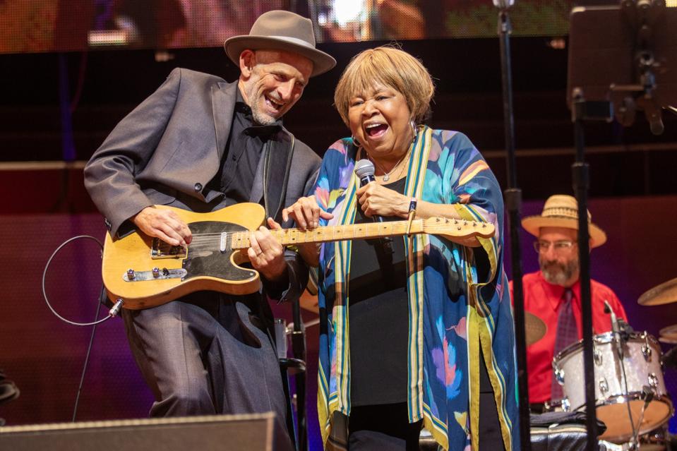 Rick Holmstrom (left) and Mavis Staples (right) perform on stage during Chicago Blues Fest. Sunday, June 8 at Jay Pritzker Pavilion in Millennium Park in Chicago, IL (Photo by Ethan Chivari)