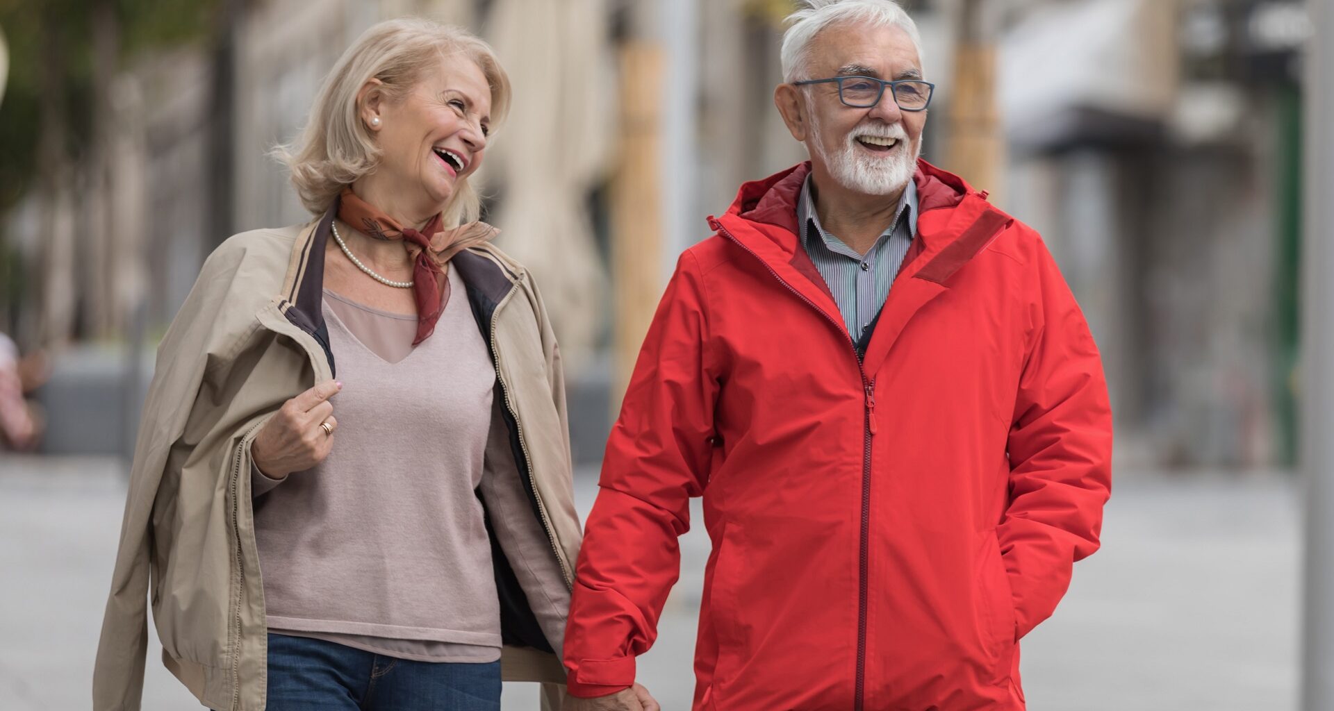 An Older Woman and her Husband are Spending a Wonderful Day Together in City Walk. stock photo