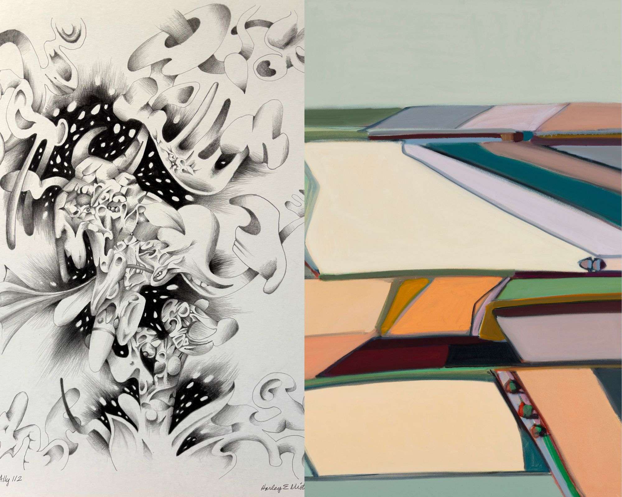 (left) "Ally 112" by Harley Elliot of Salina, (right) "Kansas Prairie Fields" by Karen Matheis of Lawrence; courtesy of <i>Birger Sandzén Memorial Gallery</i>