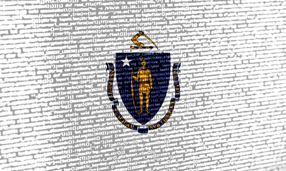 Flag of Massachusetts over digital code. Concept of cybersecurity, innovation, and digital infrastructure in Massachusetts. Modern tech development trends in Massachusetts. Programming, digital sover