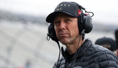 NASCAR Cup Series driver Jimmie Johnson (left) talks with crew chief Todd Gordon in the garage during testing at Phoenix Raceway.