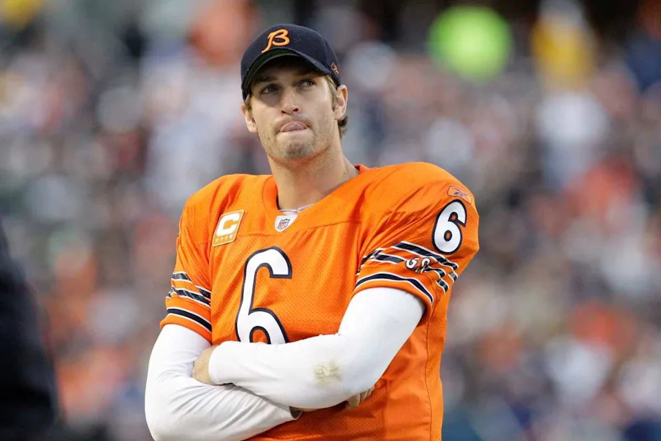 Jay Cutler stands on the sideline during a game against the Packers on Sept. 25, 2011.© Mike De Sisti via Imagn Content Services&comma; LLC