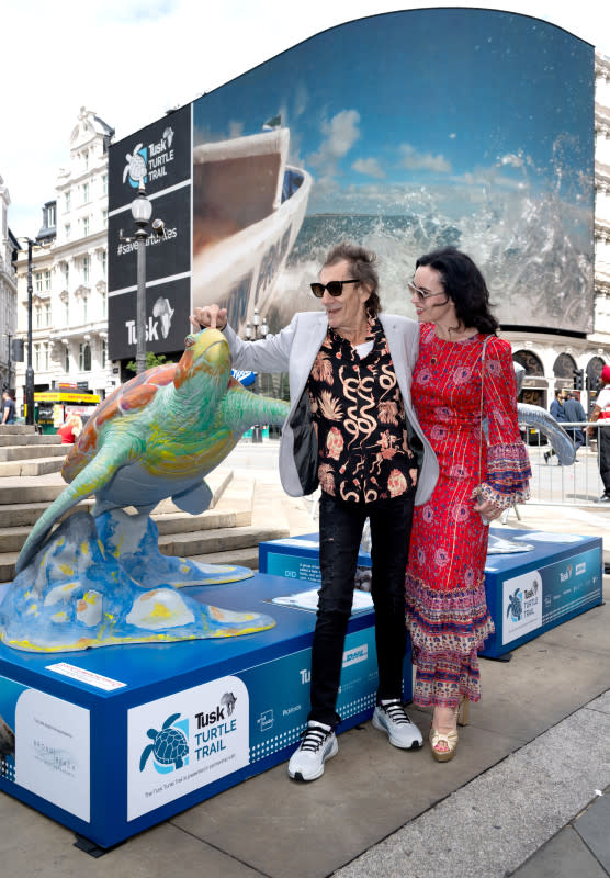 LONDON, ENGLAND - JULY 16: Ronnie Wood and Sally Wood pose with their turtle as they attend the launch of the Tusk Turtle Trail 2025 on July 16, 2025 in London, England. (Photo by Eamonn M. McCormack/Getty Images)Eamonn M&period; McCormack&sol;Getty Images