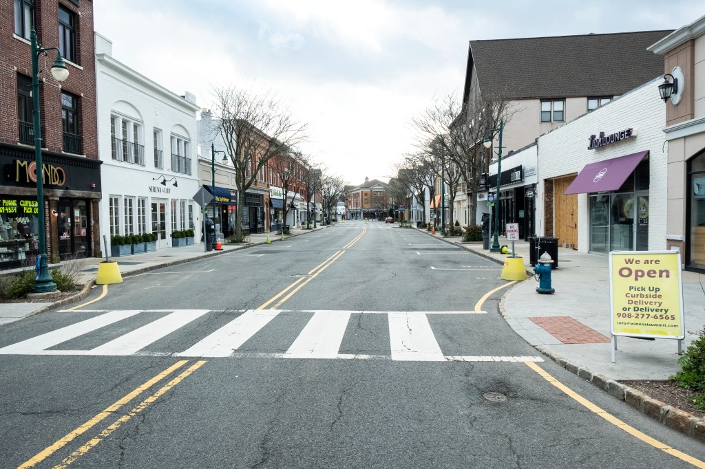 Empty street in Summit, NJ, with shops closed due to pandemic.