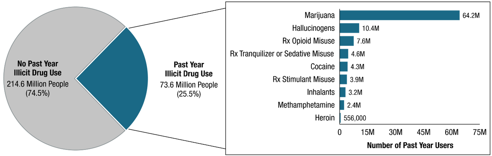 Figure 13. This figure is a pie chart connected to a horizontal bar graph. The pie chart on the left shows that 214.6 million people (74.5 percent) did not use illicit drugs in the past year, and 73.6 million people (25.5 percent) did use illicit drugs in the past year. 
The horizontal bar graph on the right shows the numbers of past year illicit drug use among people aged 12 or older. The value axis ranges from 0 to 75 million, and the vertical axis shows labels for illicit drug use. Of the 73.6 million people who used illicit drugs in the past year, 64.2 million used marijuana, 10.4 million used hallucinogens, 7.6 million misused prescription opioids, 4.6 million misused prescription tranquilizers or sedatives, 4.3 million used cocaine, 3.9 million misused prescription stimulants, 3.2 million used inhalants, 2.4 million used methamphetamine, and 556,000 used heroin.  