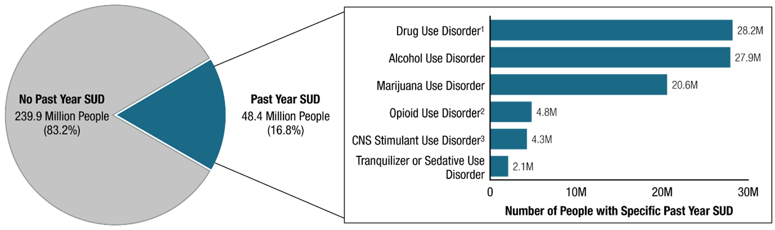 Figure 35. This pie chart is connected to a horizontal bar graph. The pie chart on the left shows 239.9 million people (83.2 percent) did not have an SUD in the past year, and 48.4 million people (16.8 percent) did have an SUD in the past year. 
The horizontal bar graph on the right shows the numbers for SUDs among people aged 12 or older. The value axis ranges from 0 to 30 million, and the vertical axis shows labels for specific SUDs. Of the 48.4 million people who had an SUD in the past year, 28.2 million had a drug use disorder, 27.9 million had an alcohol use disorder, 20.6 million had a marijuana use disorder, 4.8 million had an opioid use disorder, 4.3 million had a central nervous system stimulant use disorder, and 2.1 million had a tranquilizer or sedative use disorder. There are superscripted numbers 1, 2, and 3 associated with drug use disorder, opioid use disorder, and central nervous system stimulant use disorder, respectively, to direct readers to the text for footnotes 1, 2, and 3.