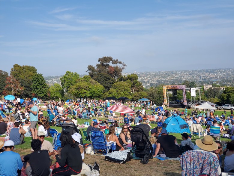 crowd in a park listening to music