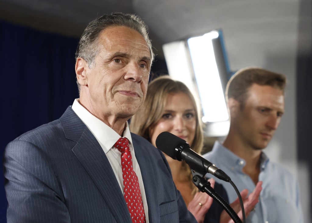Andrew Cuomo giving a concession speech at his NYC mayoral primary election night event.