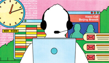 An illustration showing the silhouette of a person wearing a headset behind a laptop with several computer windows displaying emails, a spreadsheet, a clock and a video call with Beijing in the background.
