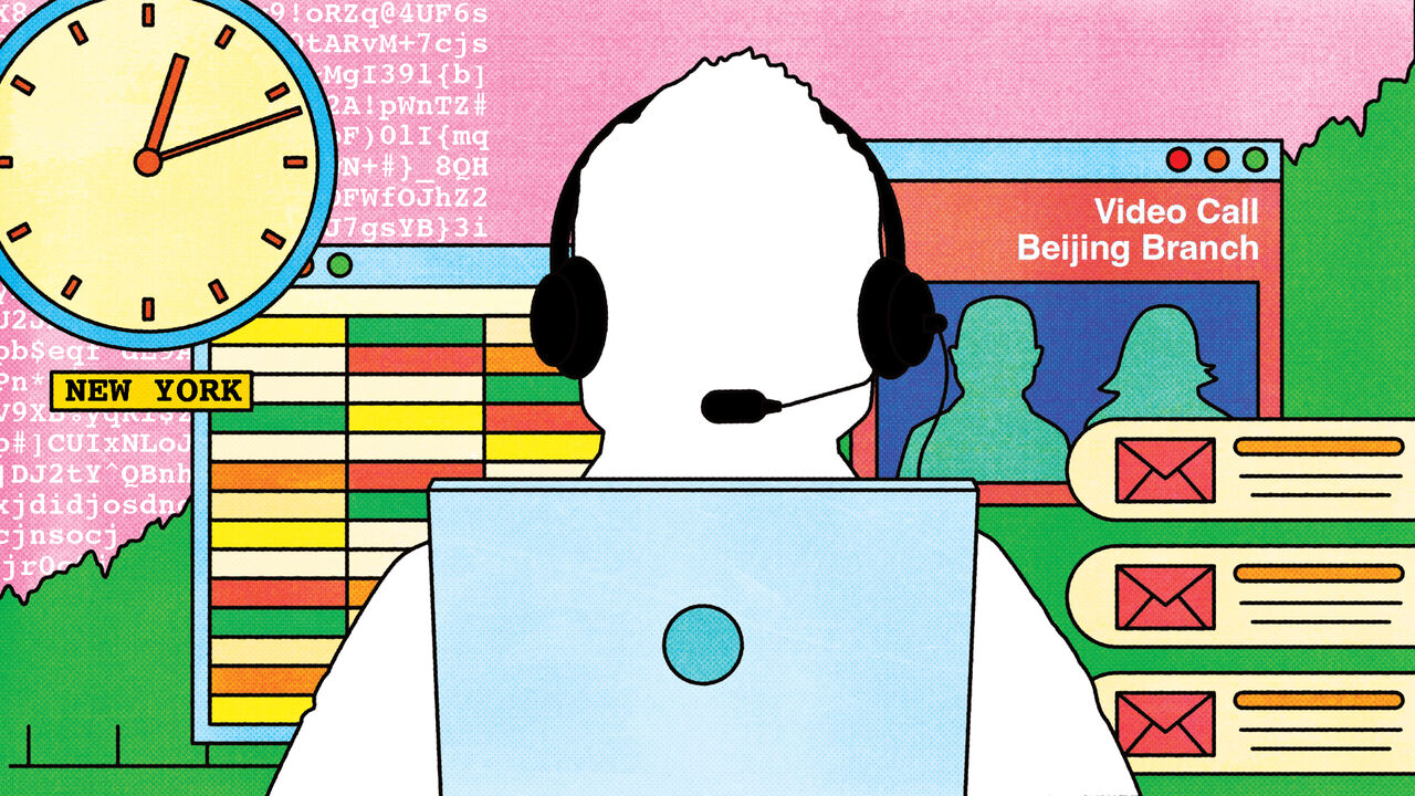 An illustration showing the silhouette of a person wearing a headset behind a laptop with several computer windows displaying emails, a spreadsheet, a clock and a video call with Beijing in the background.