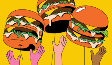 Illustration of giant cheeseburger balloons floating above colorful hands reaching up toward them. Bright yellow background