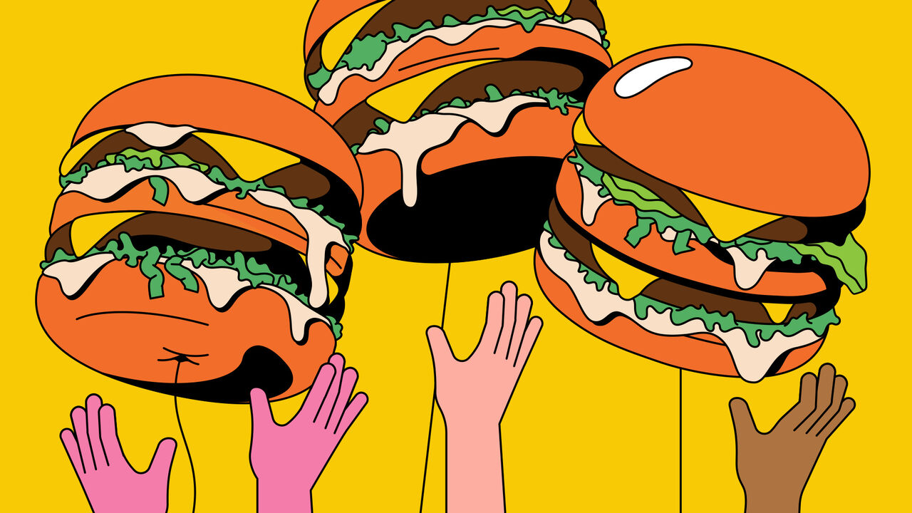 Illustration of giant cheeseburger balloons floating above colorful hands reaching up toward them. Bright yellow background
