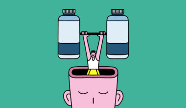 A person lifting a bar bell with two tubs of creatine as the weights. They're emerging from a larger person's head.