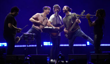 Ryan Met, second from left, Jack Met, center, and Adam Met, second from right, of AJR Dec. 1, 2023, in Inglewood, California. The brothers will appear Oct. 3 at the Arizona State Fair.