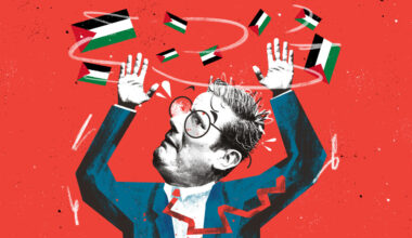 An illustration of Keir Starner looking with his hands in the air and a confused look on his face while Palestine flags fly above him.