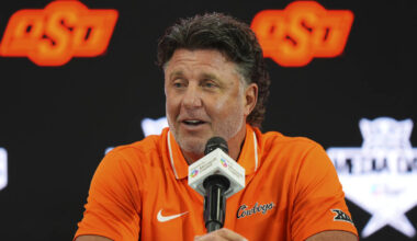 Oklahoma State head coach Mike Gundy speaks during the Big 12 NCAA college football media days ...