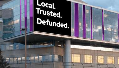 A GBH mural displayed on the organization's headquarters in Brighton after Congress approved a rescissions package that will cut $1.1 billion for public media.