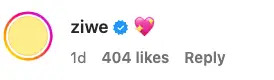 Instagram comment from a verified account "ziwe" with heart emoji, posted 1 day ago, showing 404 likes